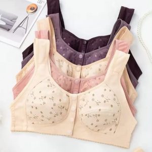 Brief Style Soft Quality Plus Size Wireless Full Cup Cotton Bra with Front Plastic Snap Button and Printing Pattern for Ladies